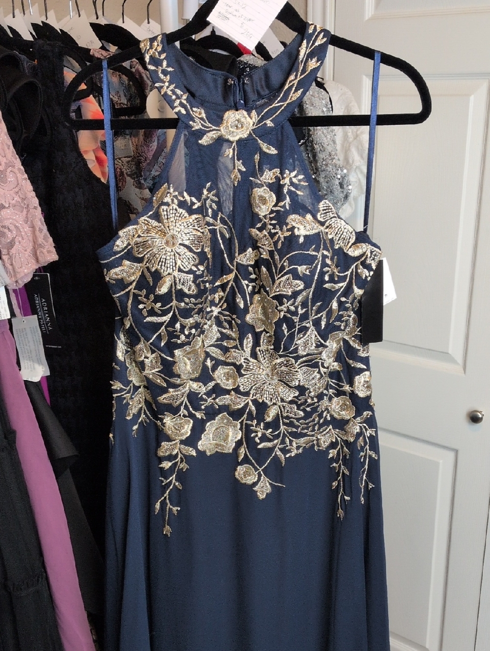 Betsy & Adam Navy Evening Gown with Gold Floral Embroidery Size 12